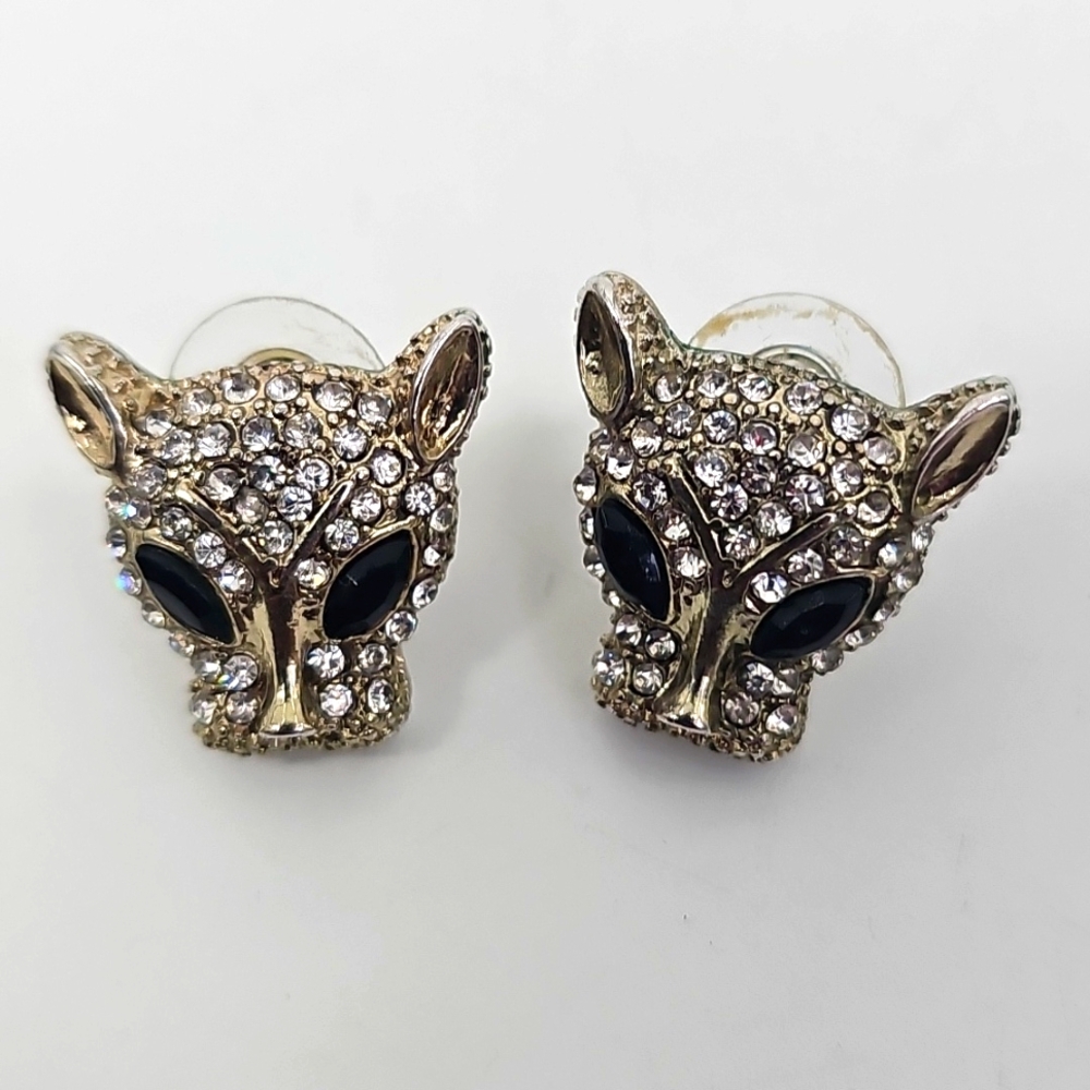 Vintage Panther Cat Head Sparkly‎ Silver Crystal Post Earrings w Black Eyes